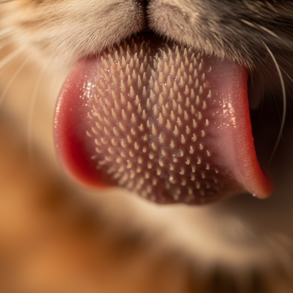 Extreme close-up of a cat's pink tongue showing the tiny backwards-facing barbs called papillae.