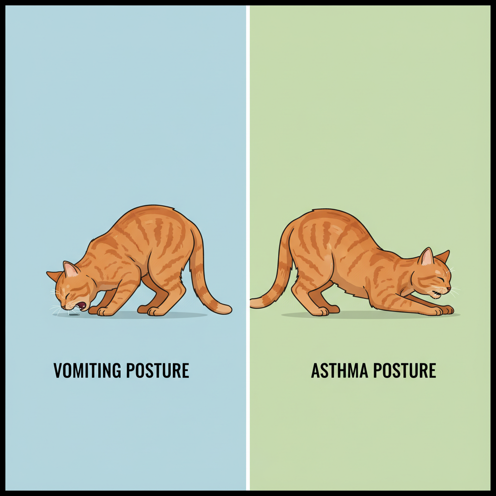 Diagram showing the difference in body posture between a cat vomiting a hairball and a cat coughing from asthma.