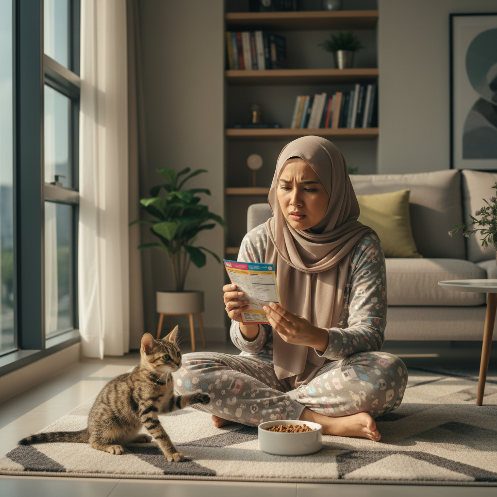 A woman carefully reading the ingredient label on a cat treat tube while her cat sits nearby.