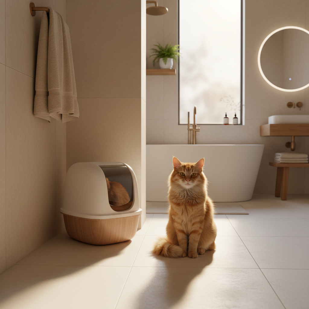 阳光明媚的现代浴室里，一只健康的橘猫坐在干净的猫砂盆旁