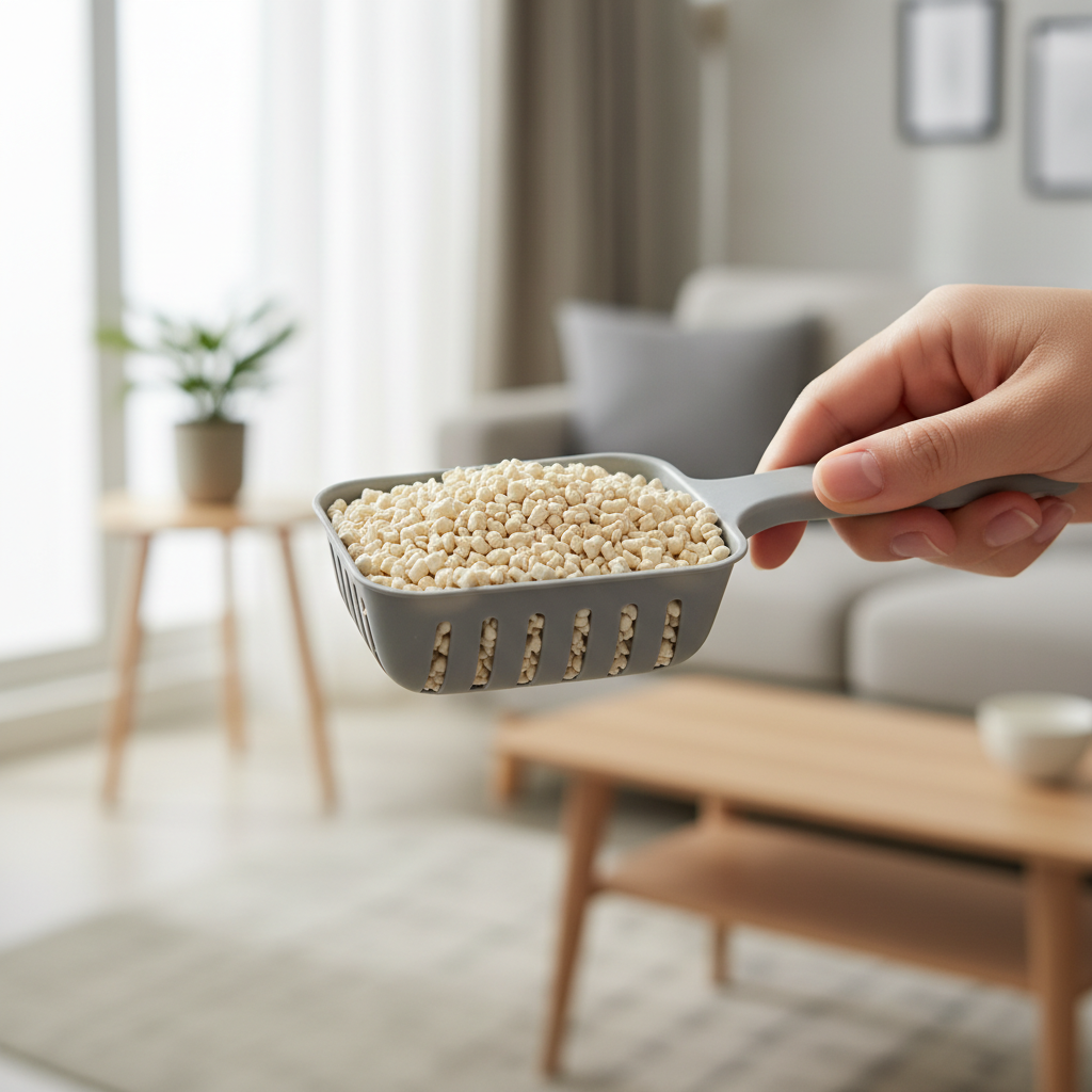 近距离观察猫砂铲上的浅色豆腐砂，方便监测猫咪健康状况