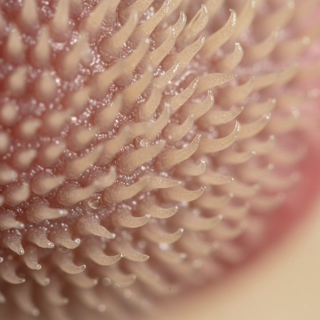 Gambar makro lidah kucing menunjukkan cangkuk papila yang halus