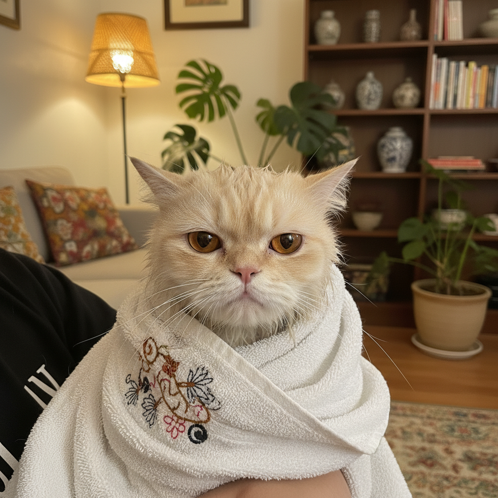 Kucing basah yang nampak marah dibalut dengan tuala