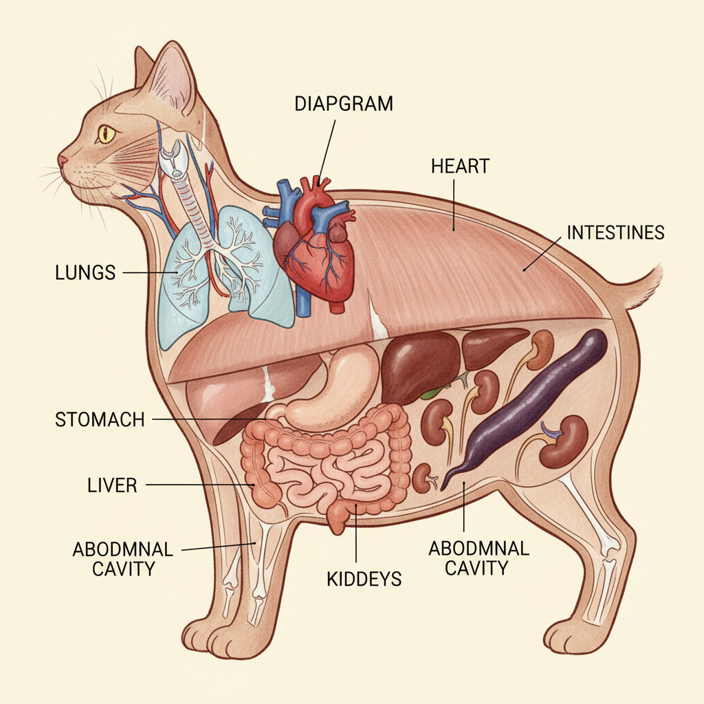Ilustrasi menunjukkan anatomi dalaman kucing dan penghadang diafragma