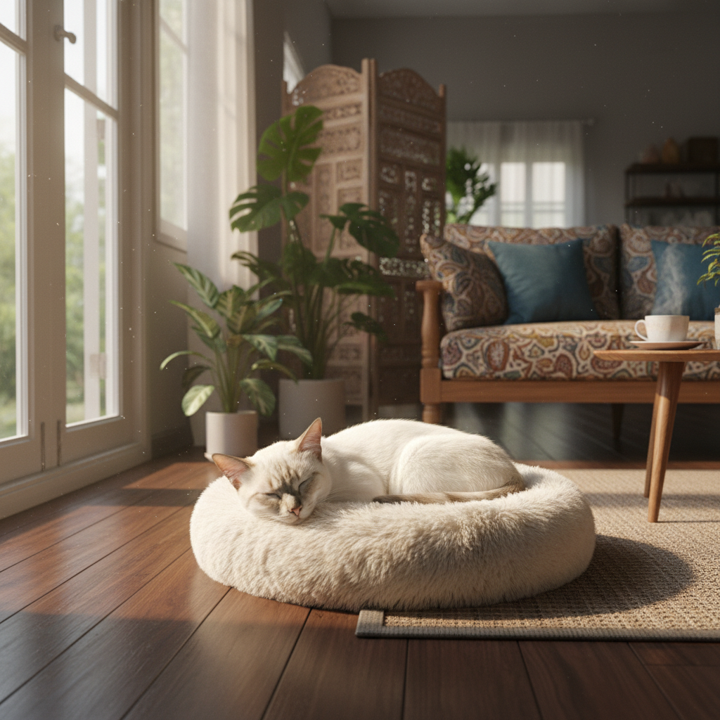 Kucing Siam putih berehat dengan tenang di dalam rumah