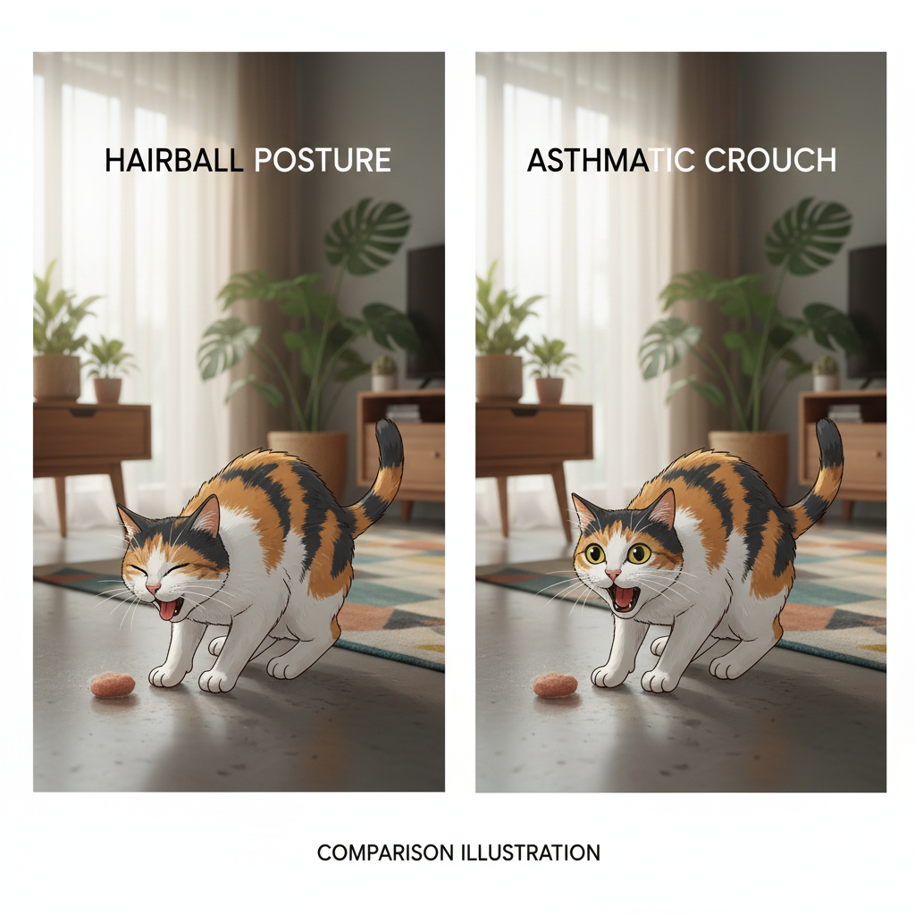 A diagram comparing the arched back of a vomiting cat with the low extended neck of an asthmatic cat