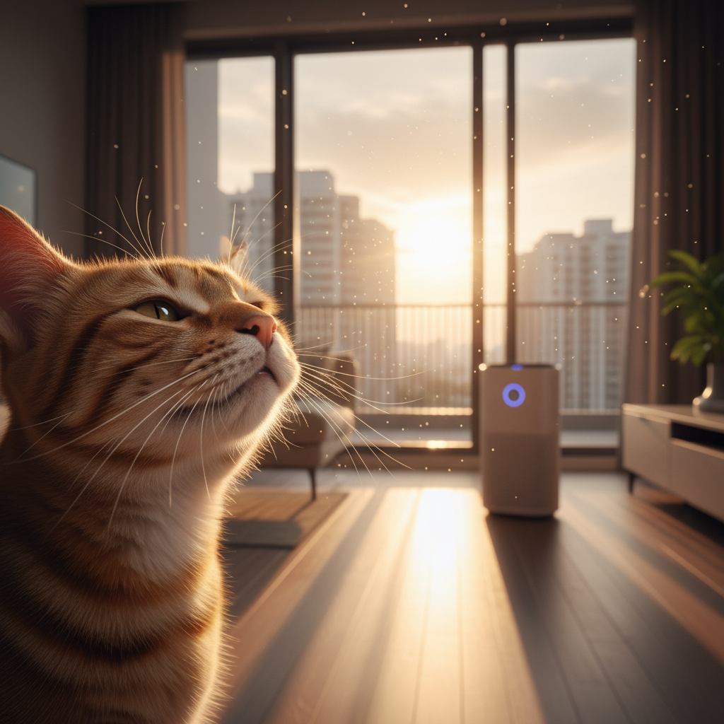 Cat sniffing the air near a window in a clean home environment