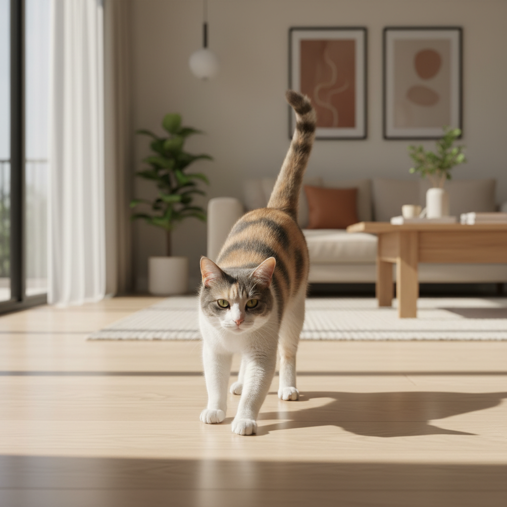 A female calico cat showing lordosis behavior during heat on a wooden floor