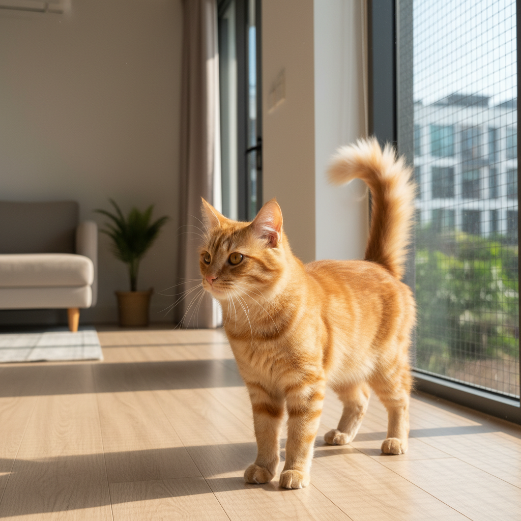 A male ginger cat marking territory by spraying on a wall