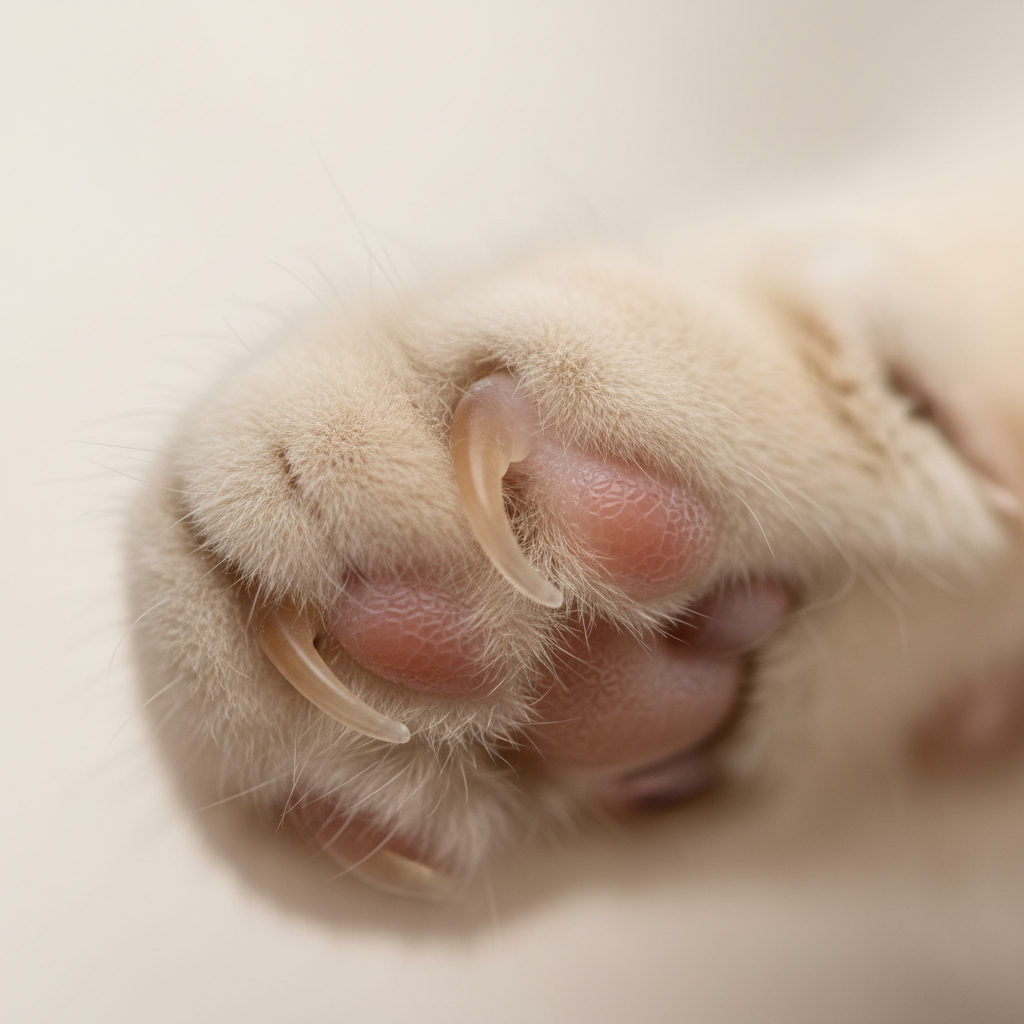 猫爪伸出指甲的近距离特写，展示解剖结构