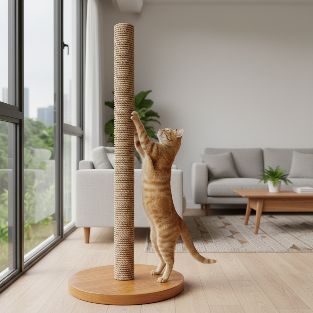 一只橘猫正在高大的垂直猫抓柱上拉伸抓挠