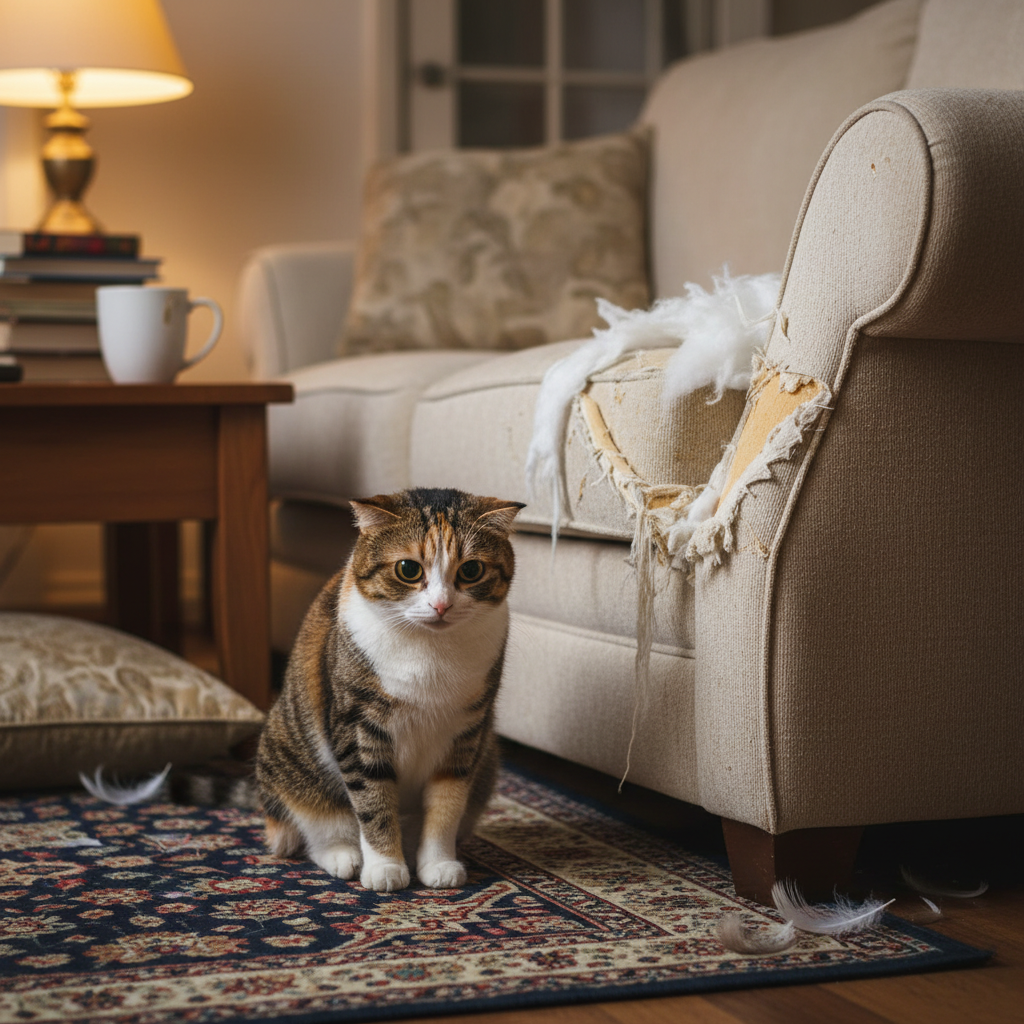 猫咪坐在被抓坏的沙发扶手旁边