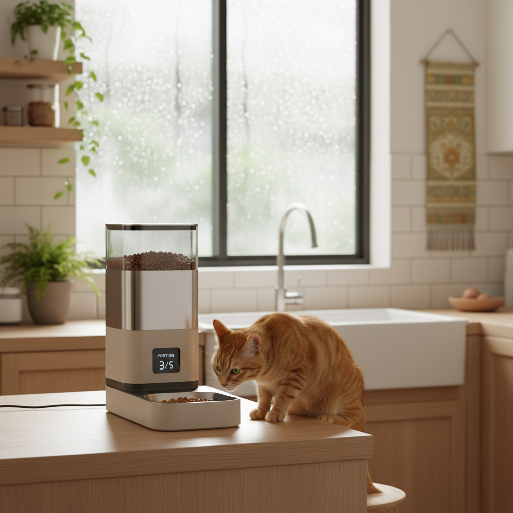 马来西亚现代家庭厨房中的自动喂食器，暗示高湿度环境下的科学喂养