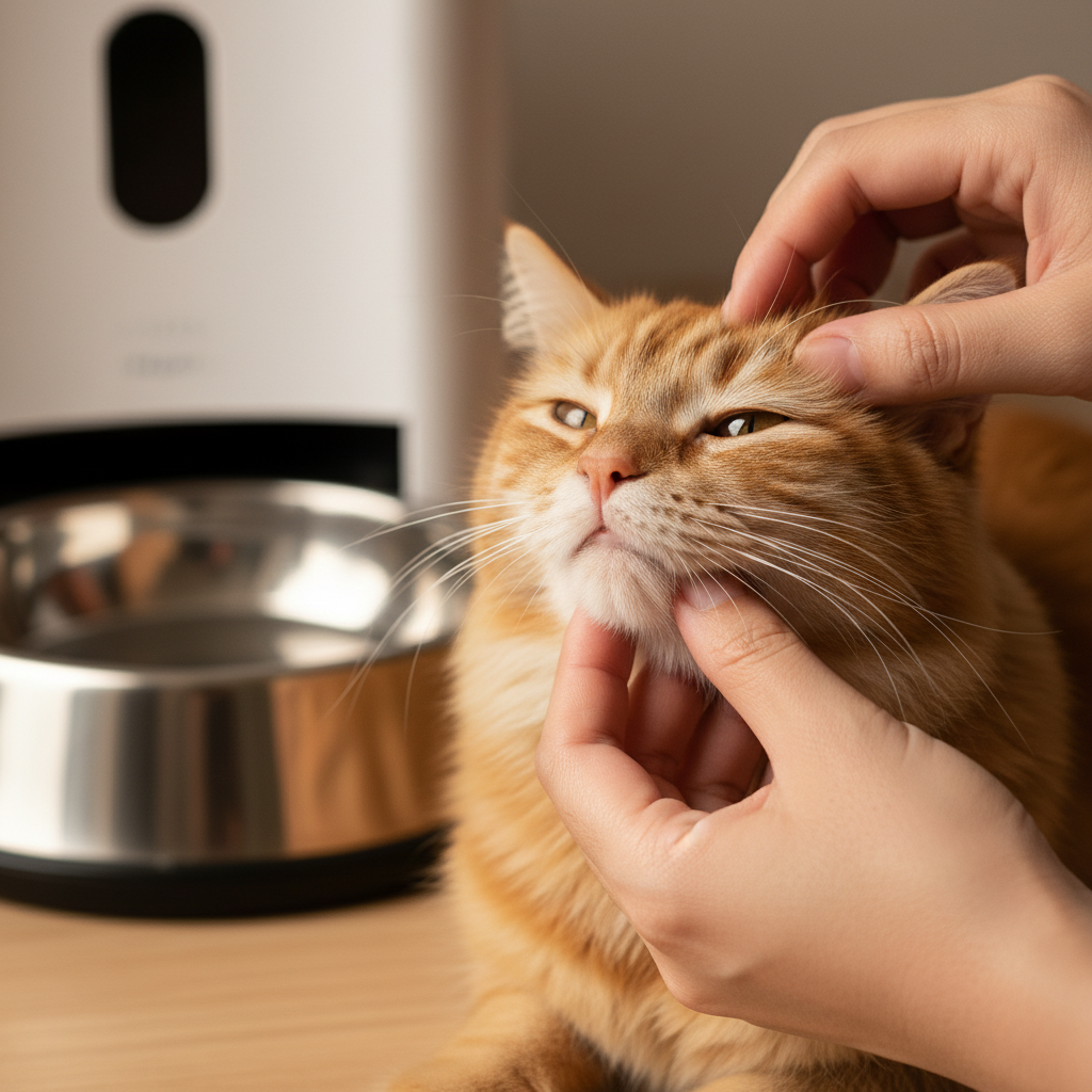 主人在不锈钢喂食器旁检查猫咪的下巴是否有粉刺