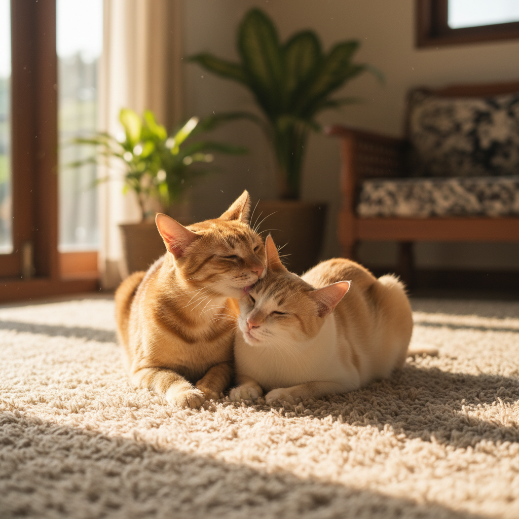 两只猫咪互相理毛，展示FeLV如何通过社交行为传播