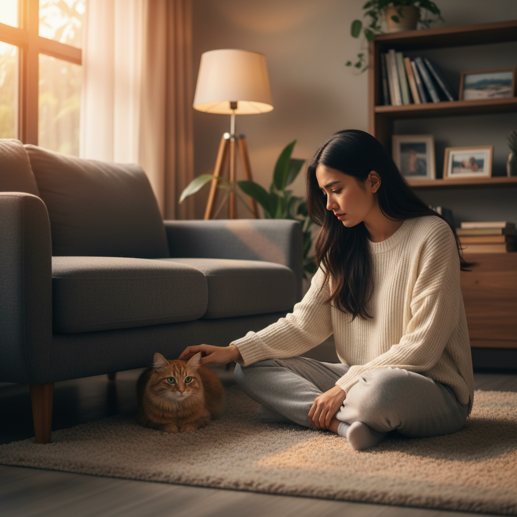 Owner trying to comfort a scared cat under furniture