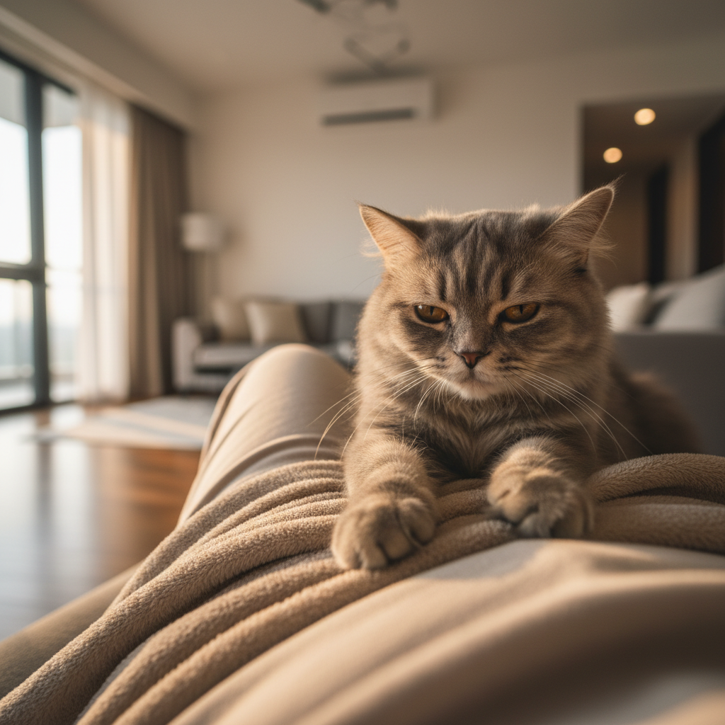 Grey cat kneading a soft blanket on owner's lap in a cozy home