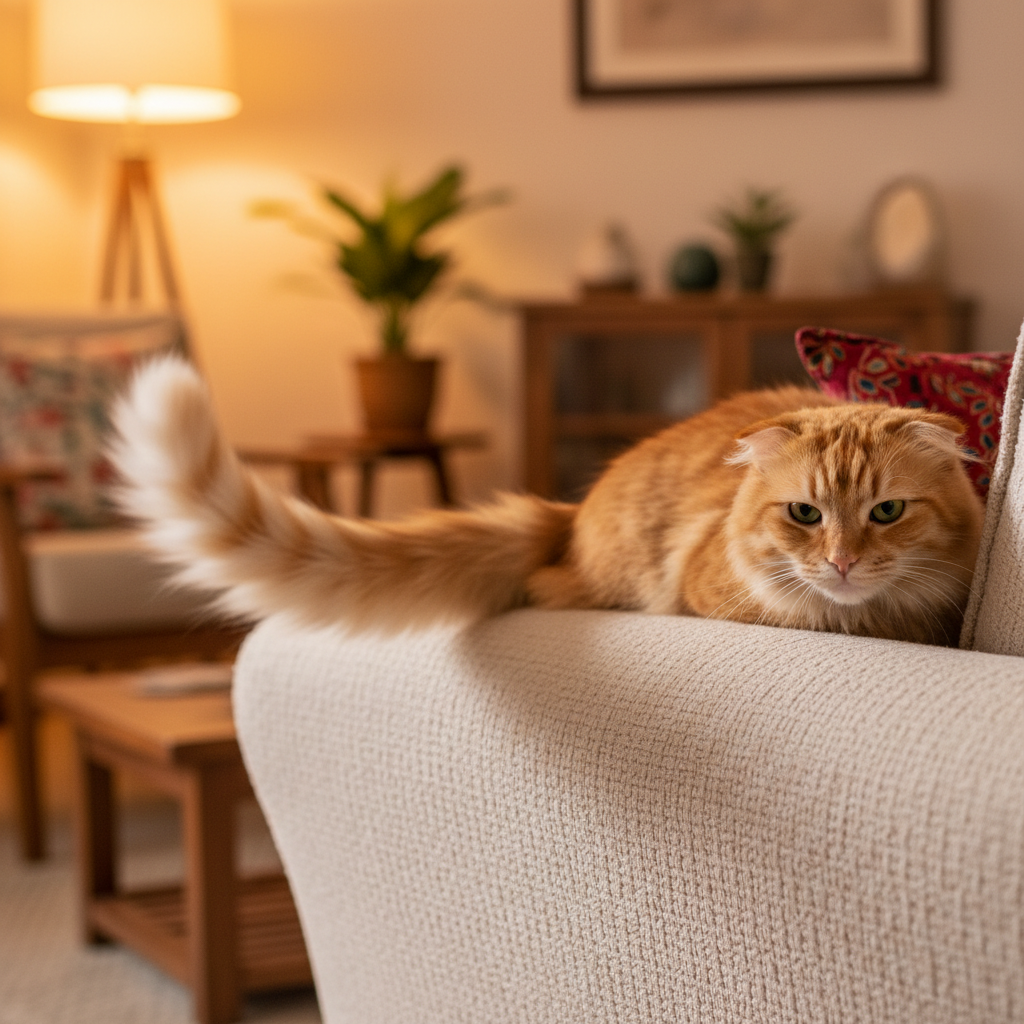 猫咪在沙发上用力摆动尾巴，显示出烦躁的情绪