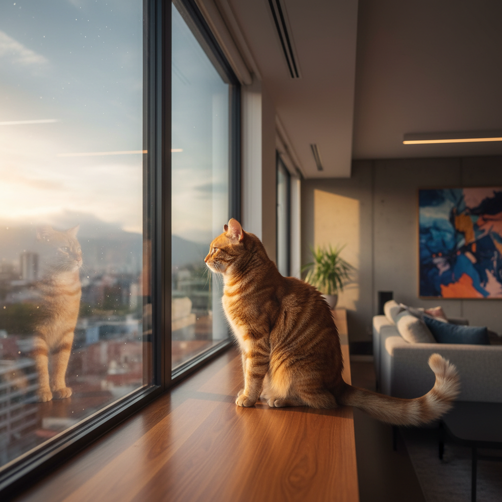 Tiger 在窗边显示出飞机耳和摇尾巴的攻击预警信号