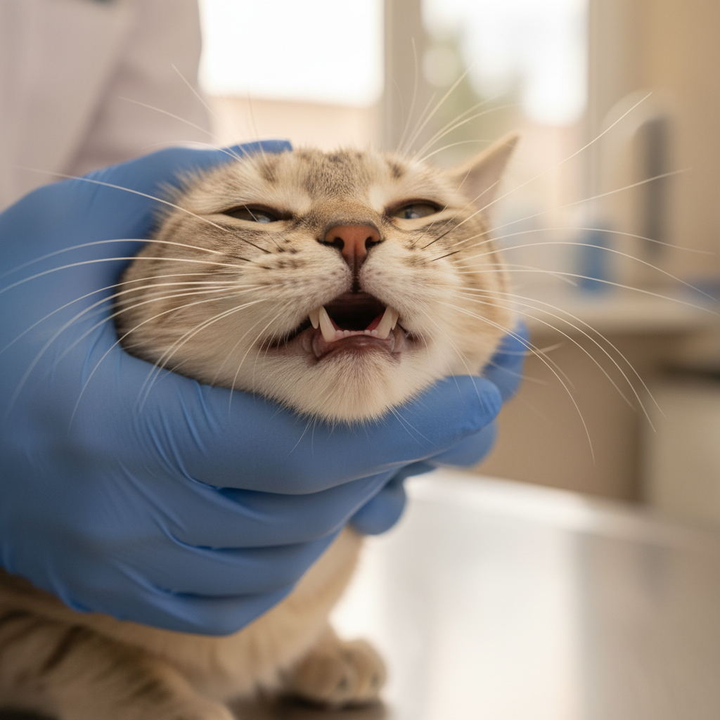 兽医正在检查猫咪口腔中的牙齿重吸收症状