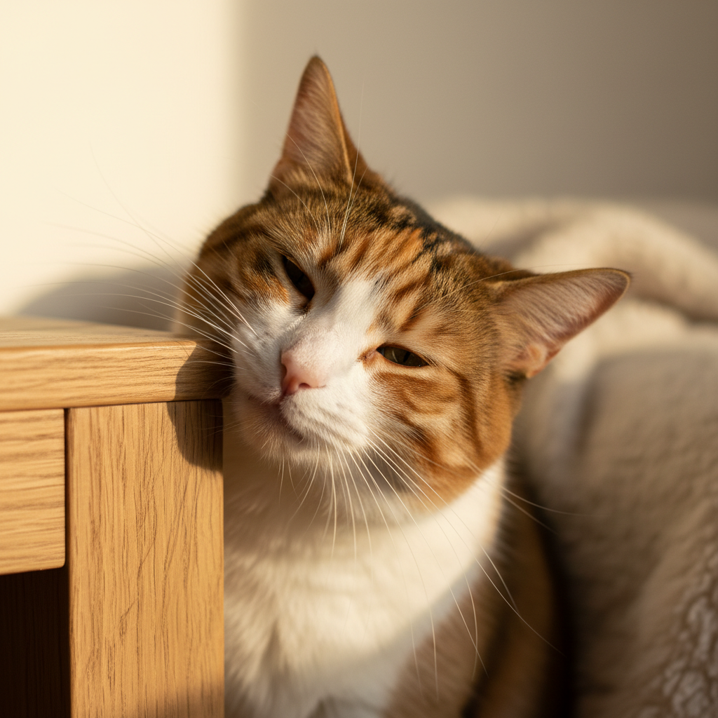 Close up of a ginger cat rubbing its face on a wooden table corner to mark scent
