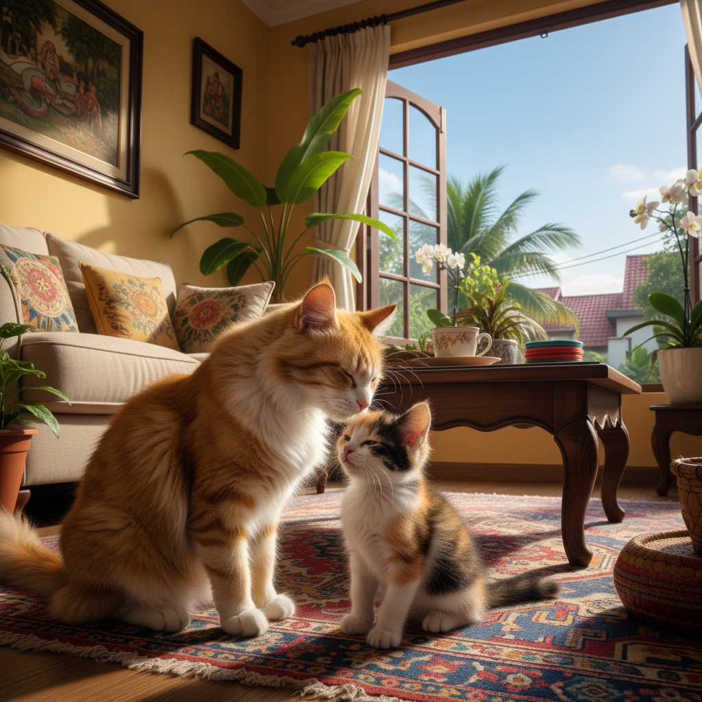 Two domestic cats engaging in allorubbing or head bunting behavior in a living room
