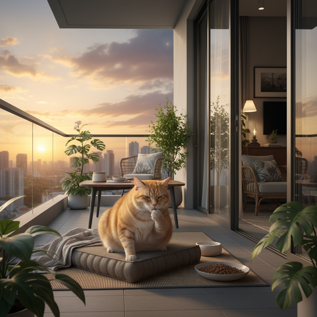 坐在阳台上的超重橘猫，展示猫咪肥胖风险