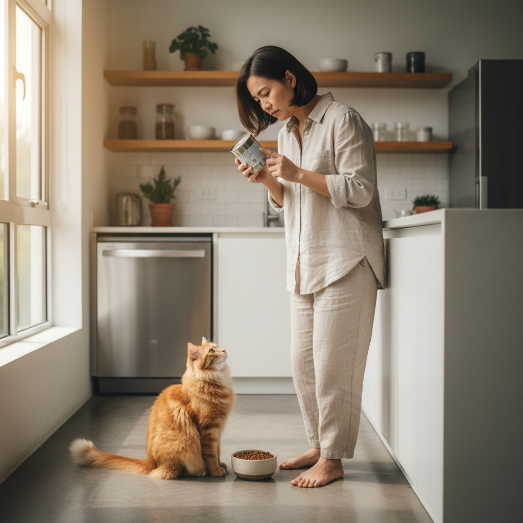 马来西亚猫主在厨房检查湿粮罐头的配料表，确保低碳水