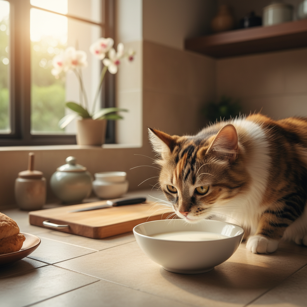 A curious cat sniffing a white bowl of milk on a kitchen counter.
