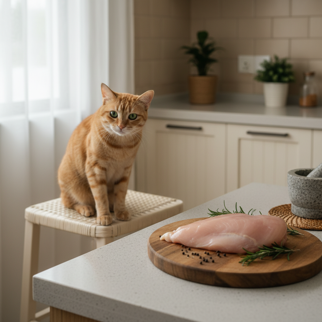 Close up of raw meat on a kitchen counter with a cat in the background