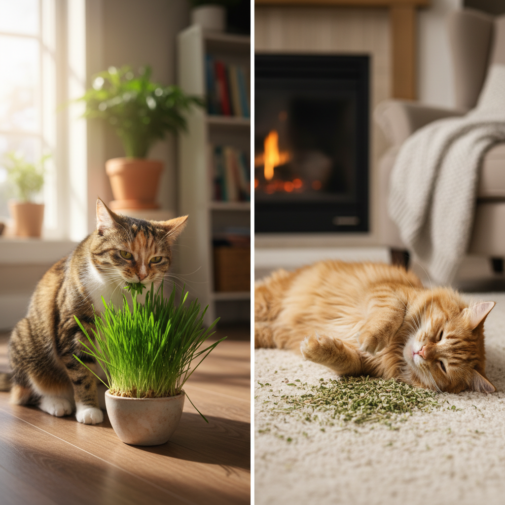 Perbandingan kucing makan cat grass dan bermain dengan catnip