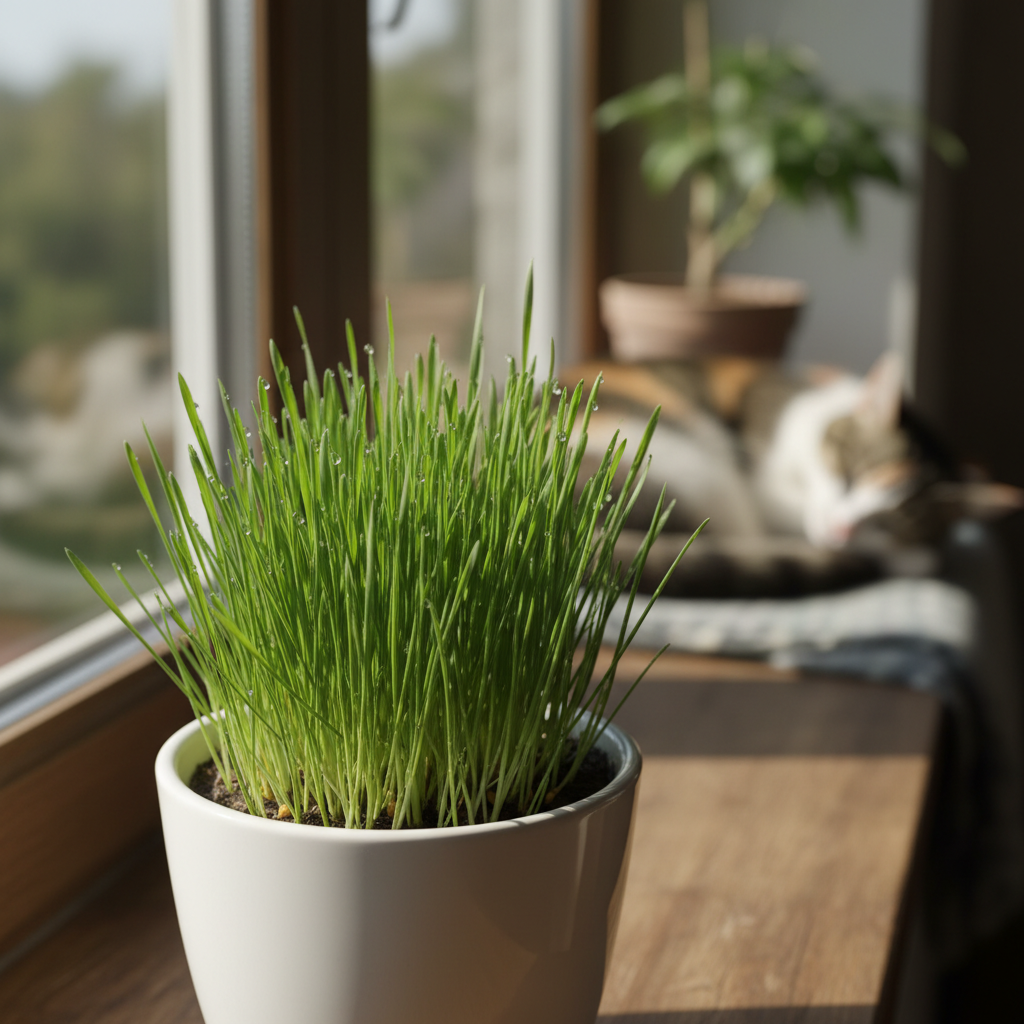 Wheatgrass segar yang ditanam dalam rumah