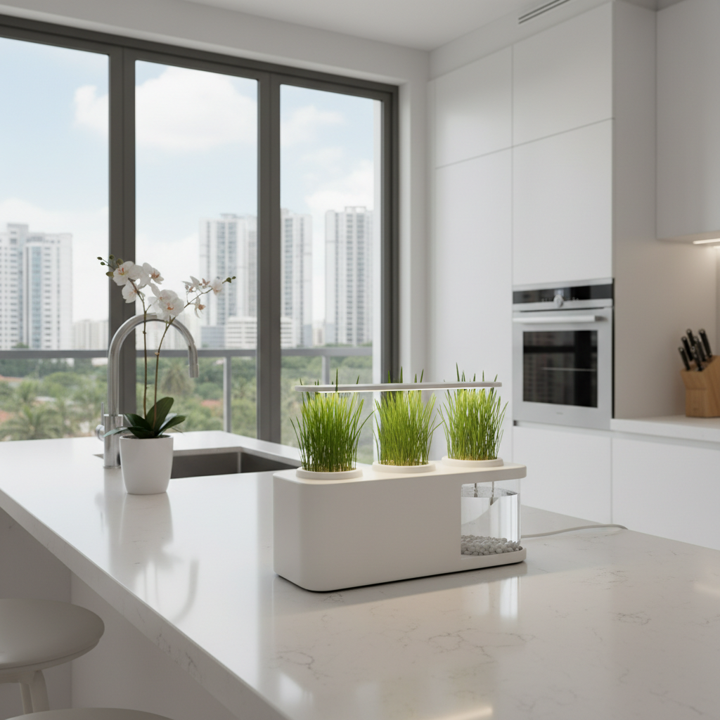 Sistem hidroponik cat grass di atas kaunter dapur