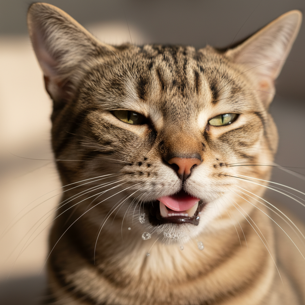 猫咪吃药后流口水或产生白色泡沫的近距离特写