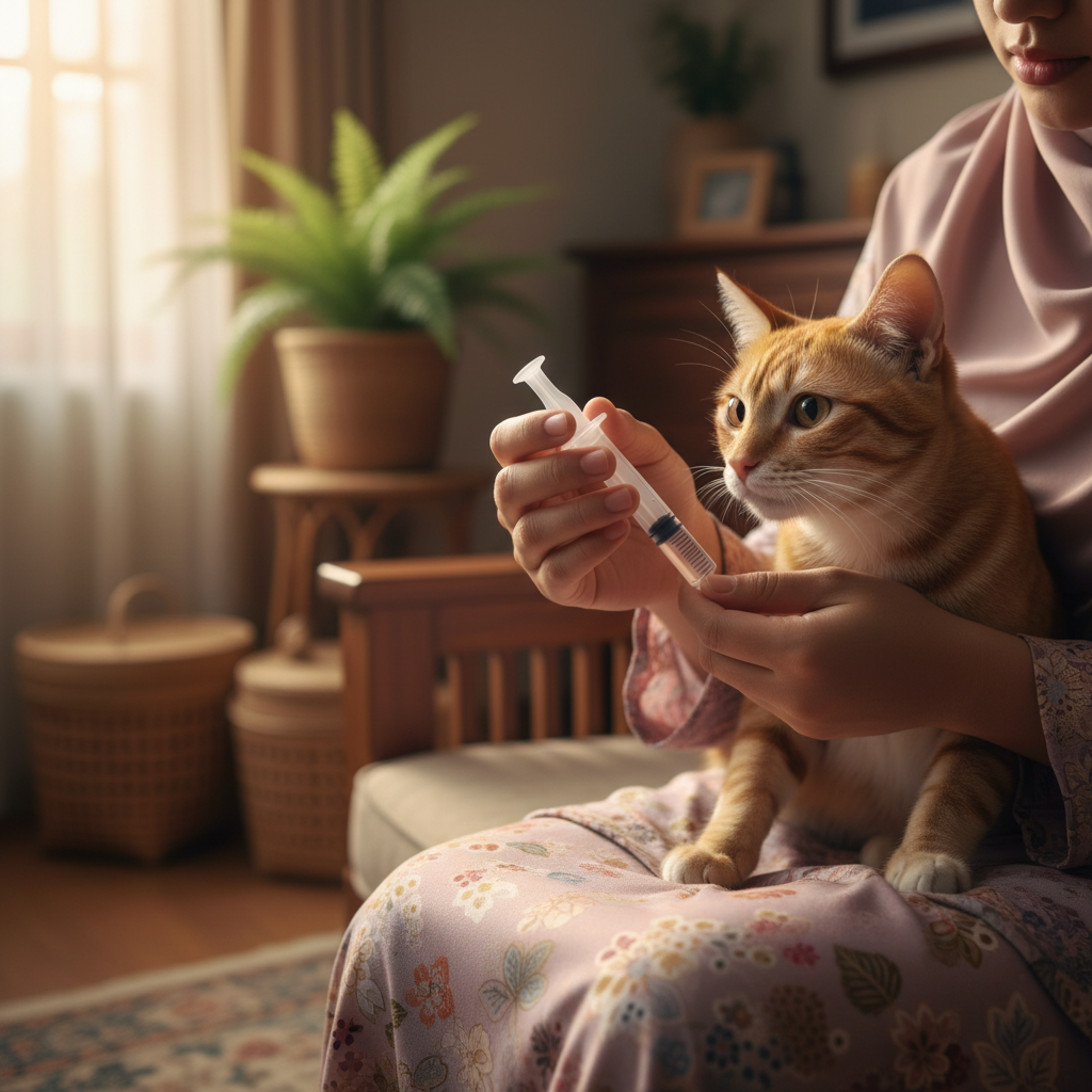 手持装满水的针筒，准备在喂药后给猫喂水