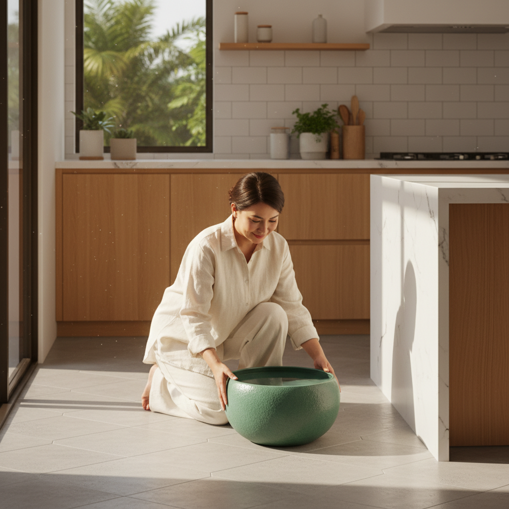 Malaysian owner placing a wide water bowl for her cat