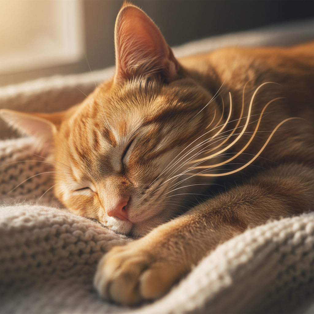 Close up of a sleeping ginger cat showing the comfort of purring