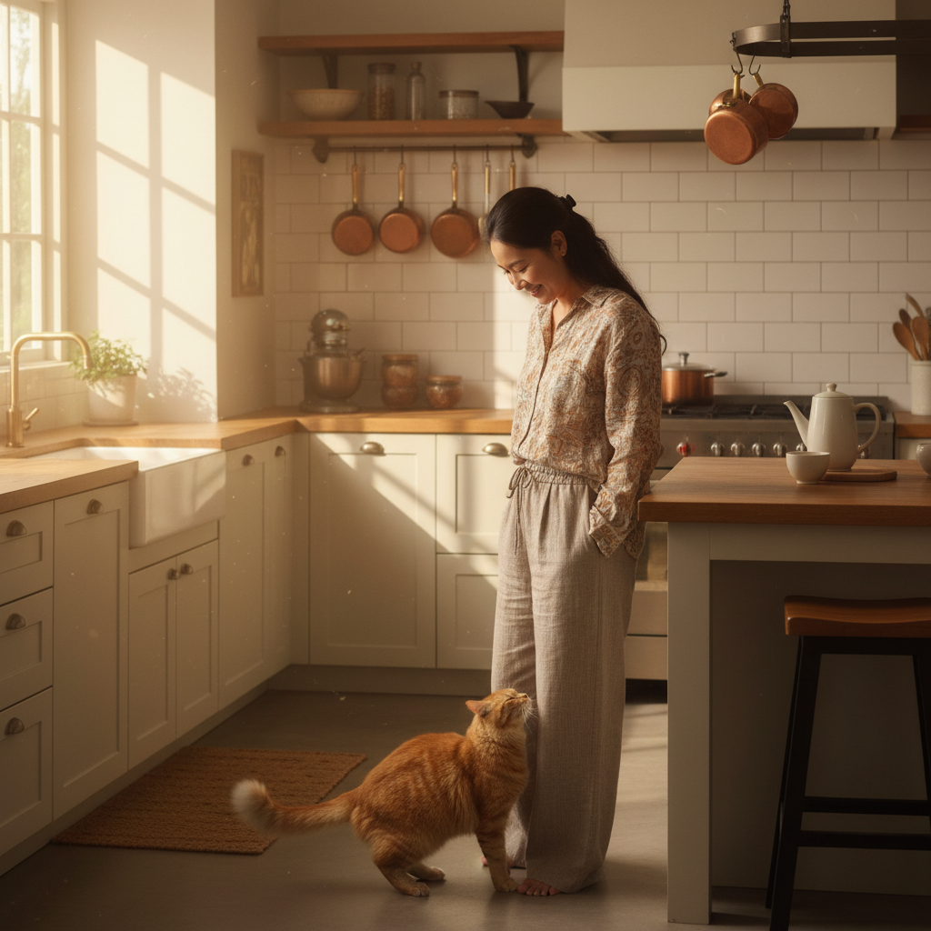 Malaysian woman interacting with her cat during morning feeding time