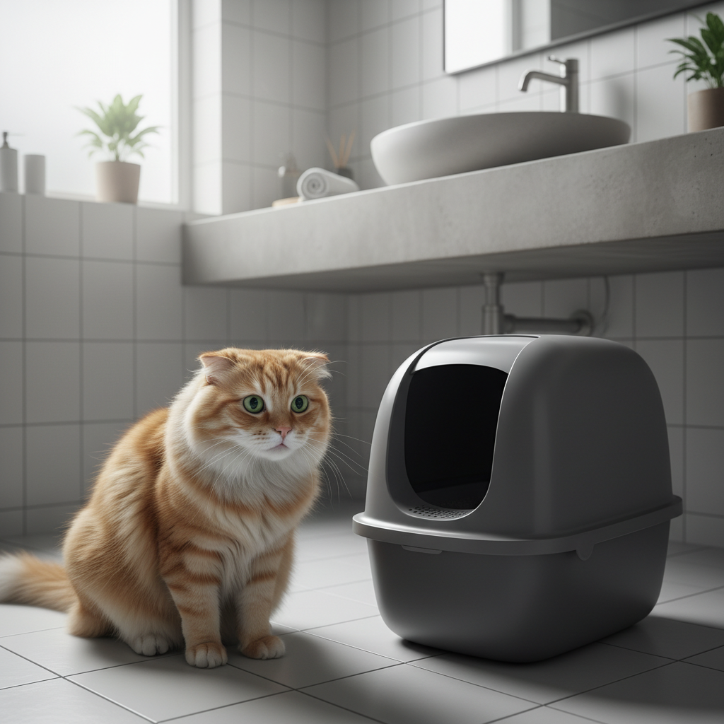 Cat near a litter box showing signs of stress