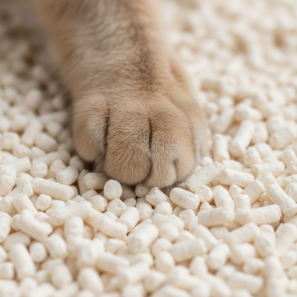 猫爪踩在细颗粒猫砂上的近景
