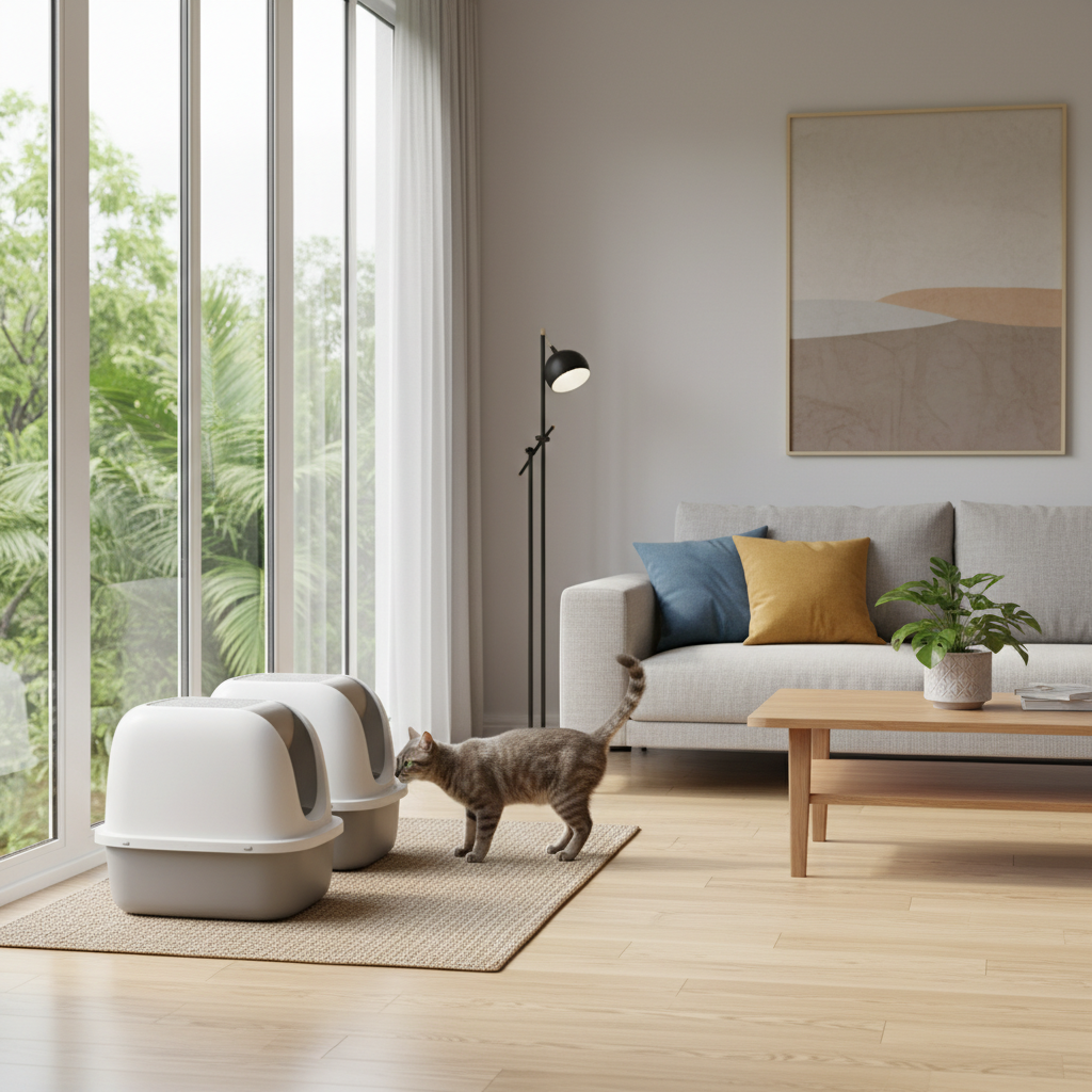 并排排放的两个猫砂盆,用于换砂过渡阶段