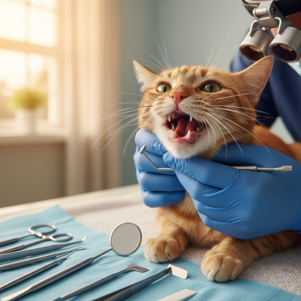 Doktor veterinar memeriksa mulut kucing untuk tanda FCGS