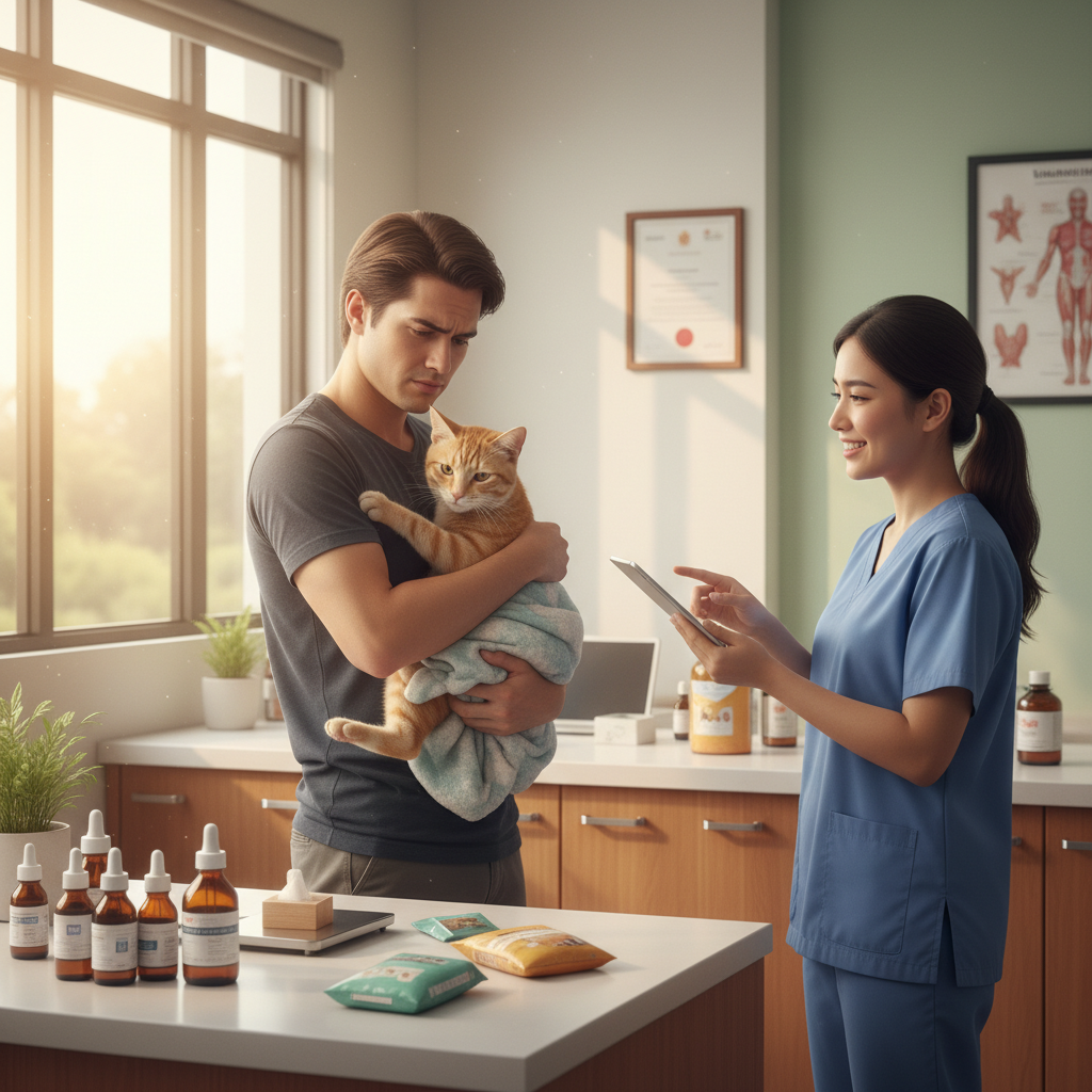 Pemilik kucing di Malaysia kelihatan bimbang di klinik veterinar