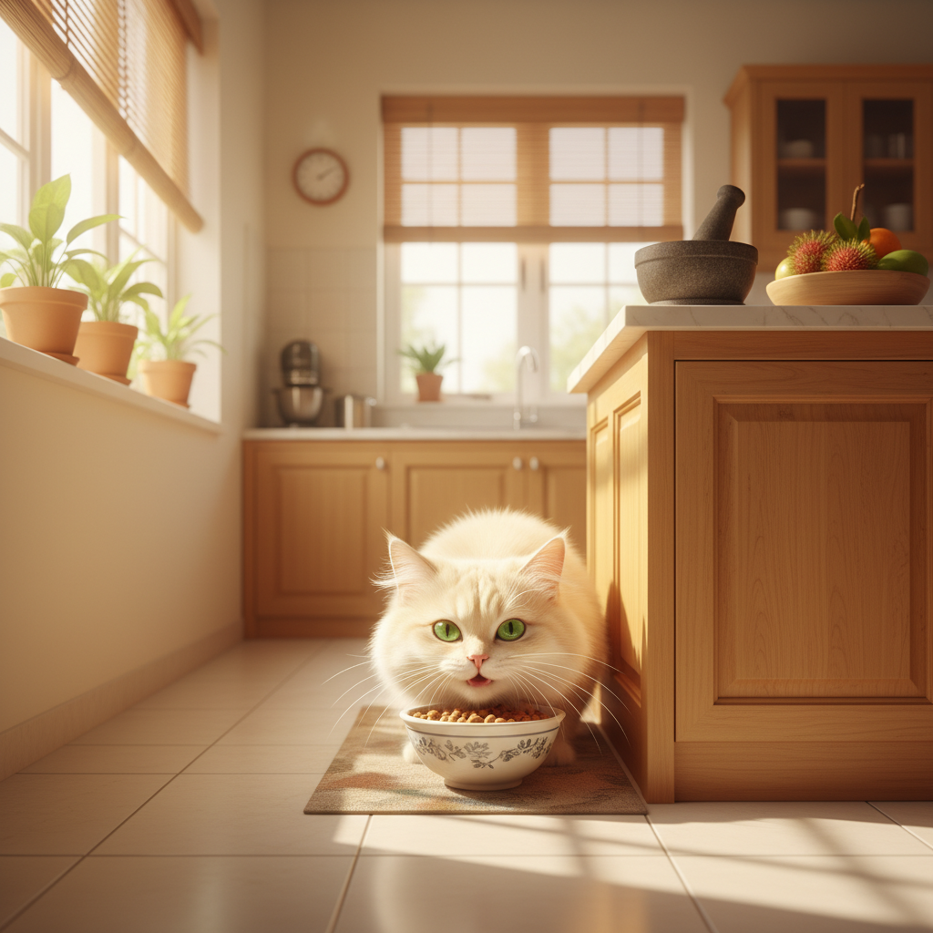 Kucing yang gembira makan selepas sembuh dari masalah gigi