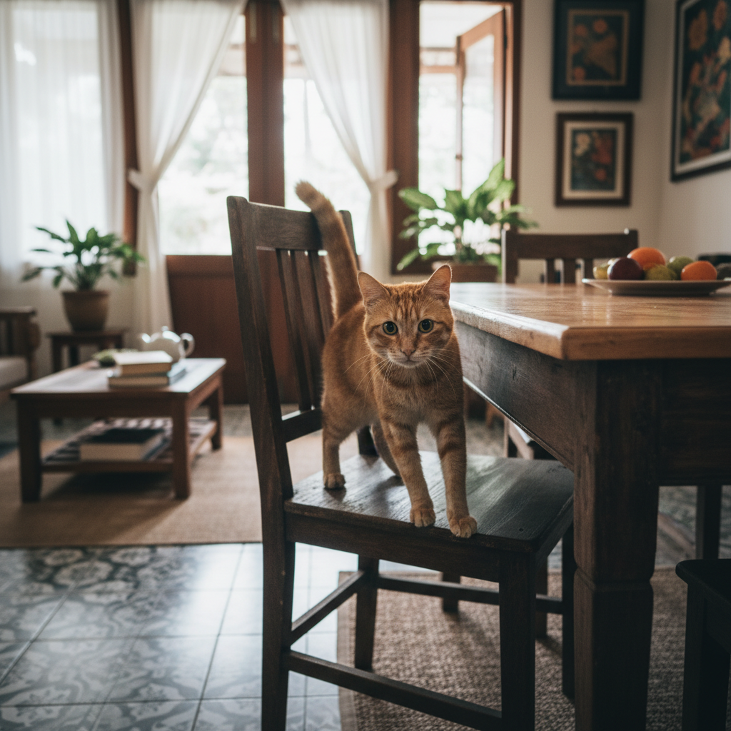 一只老橘猫在客厅准备跳跃前表现出犹豫的样子