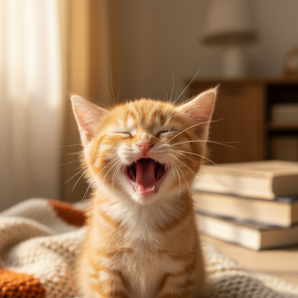 Gambar dekat anak kucing menguap menunjukkan gusi merah jambu semasa fasa tukar gigi