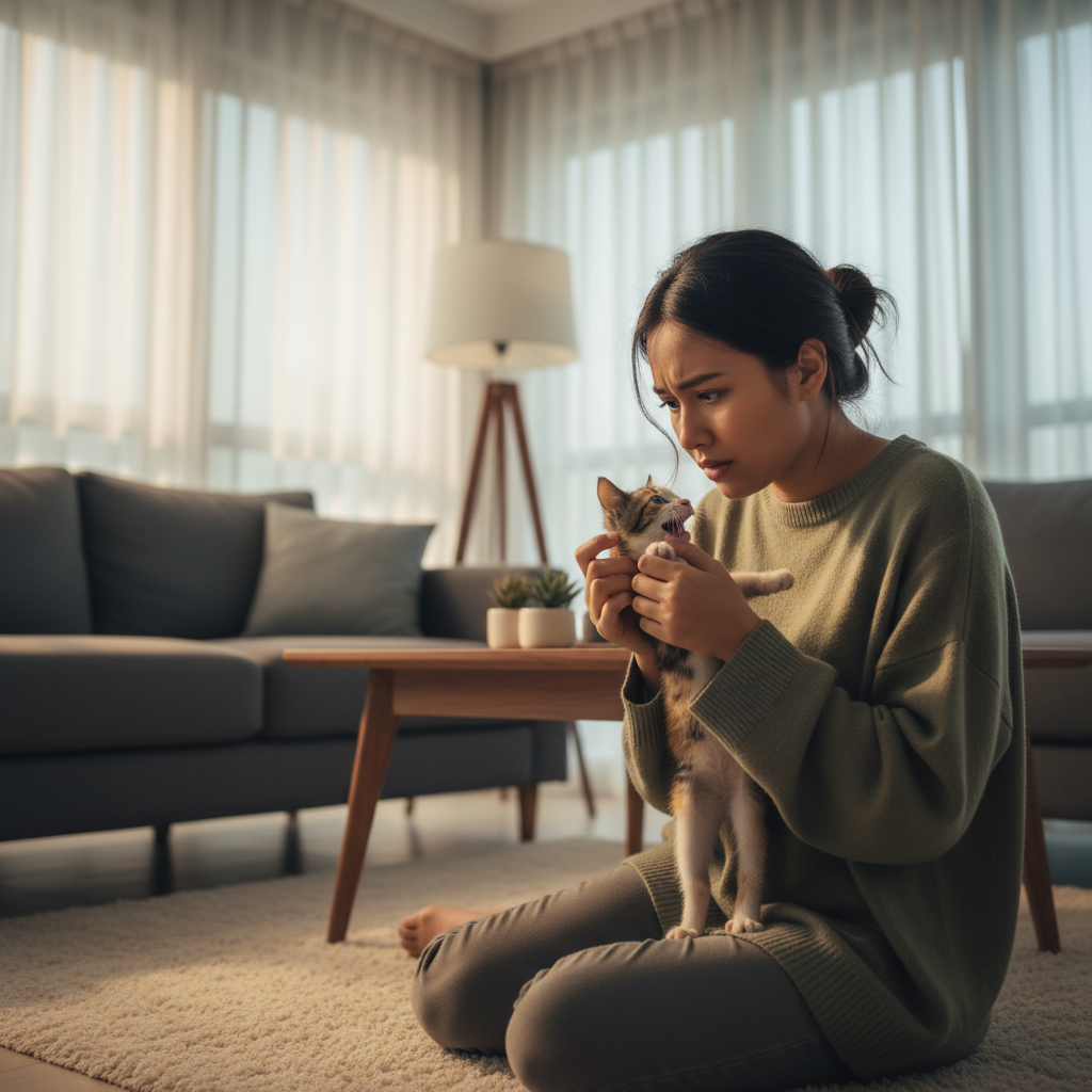 Seorang wanita memeriksa mulut anak kucing untuk melihat gigi susu yang tidak luruh