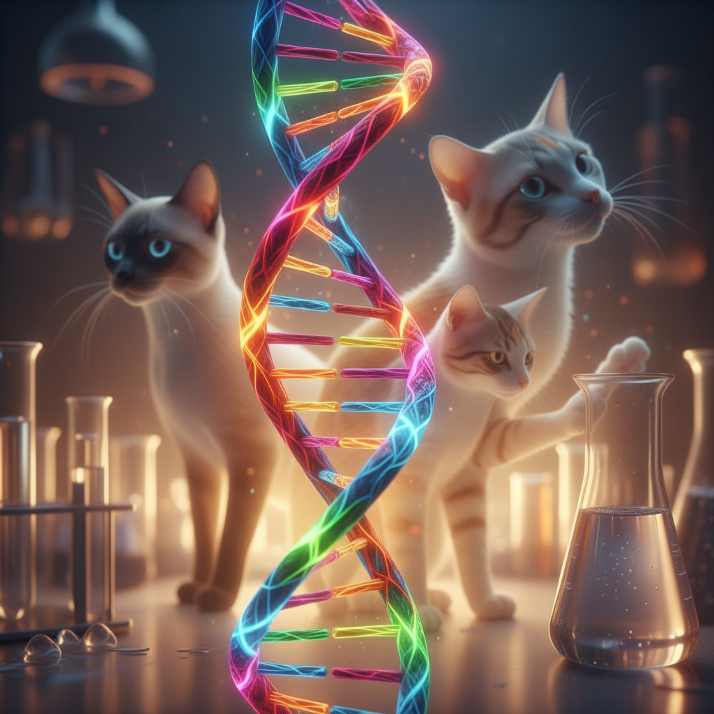 Visual abstrak kepelbagaian genetik kucing dan rantaian DNA.