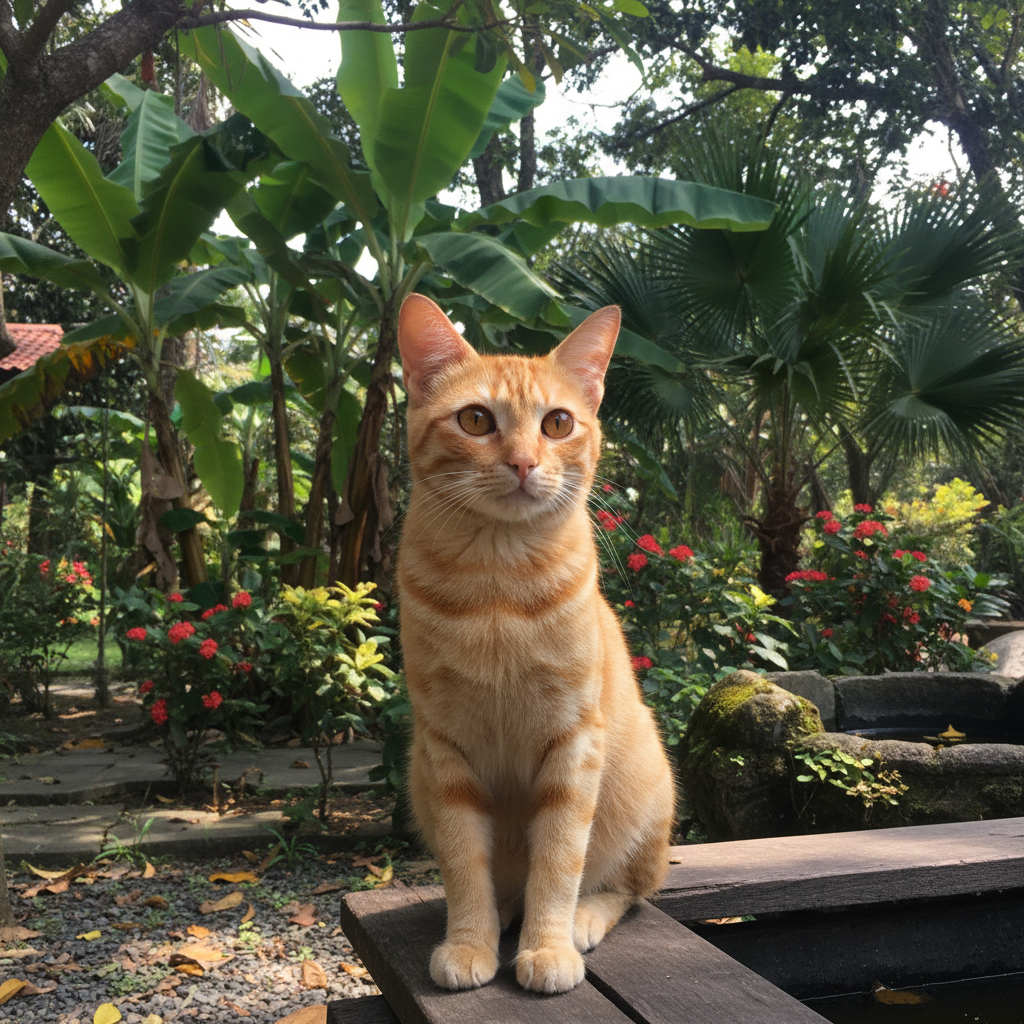 Seekor kucing kampung berwarna oren yang sihat di taman tropika.