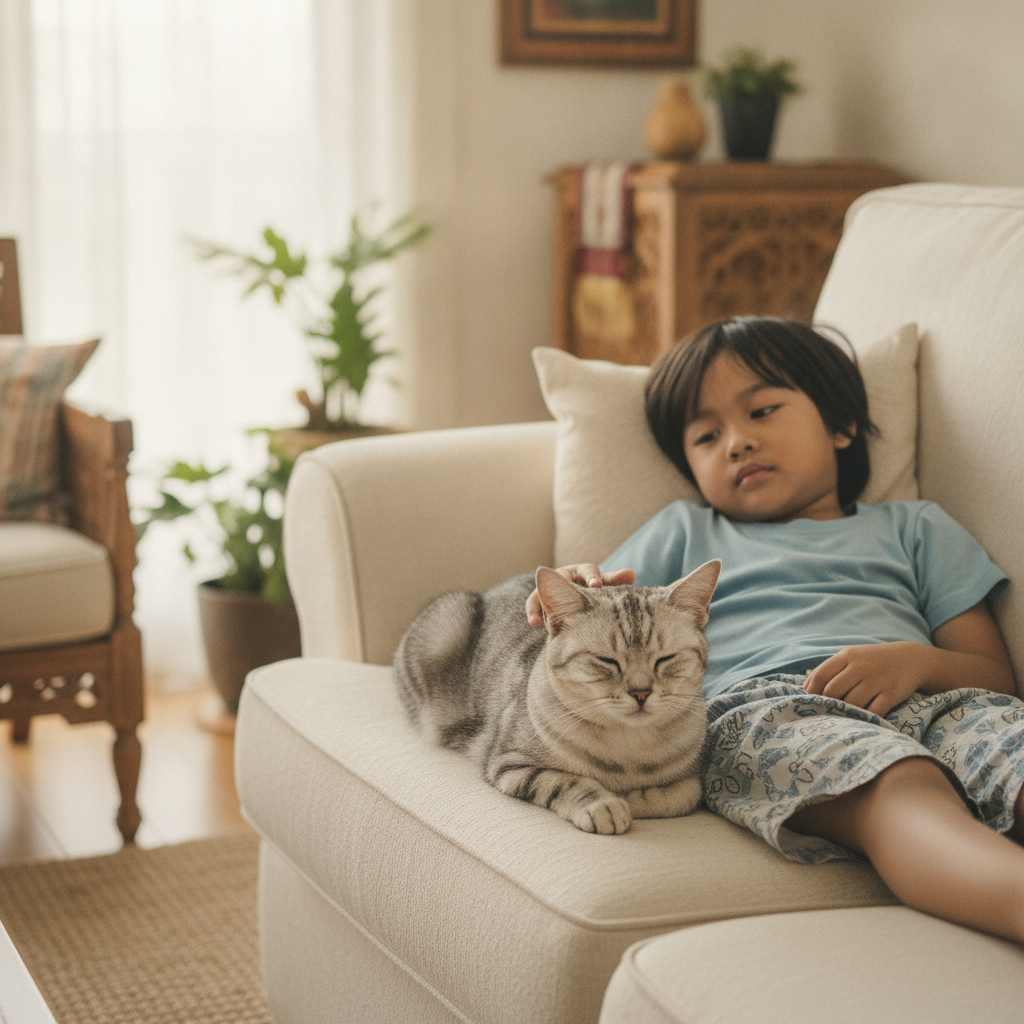 Seekor kucing American Shorthair yang tenang berehat di sebelah kanak-kanak di atas sofa